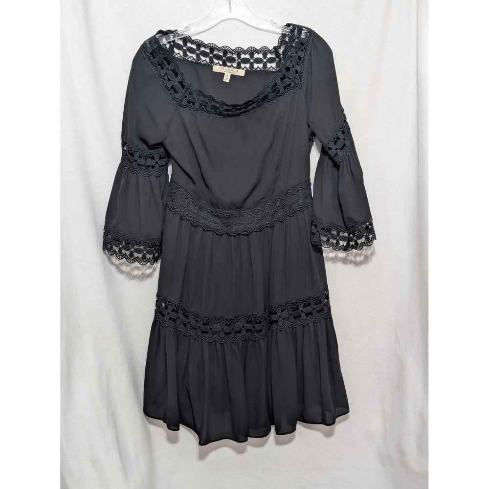 Free Generation Los Angeles Black Crochet Lace Tiered Mini Dress Bell Sleeve M